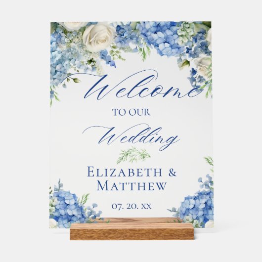 Blue Hydrangea Calligraphy Script Wedding Willkomm Acrylschild (Vorderseite)