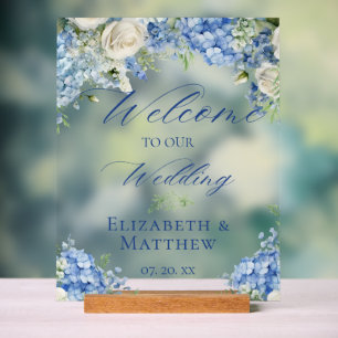 Blue Hydrangea Calligraphy Script Wedding Willkomm Acrylschild