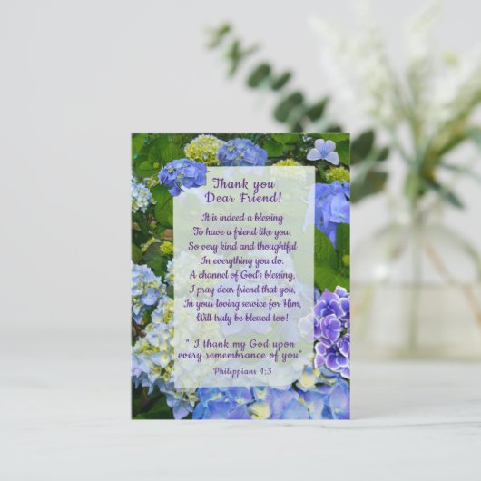 Blue Hydrangea Christlich Danke Postcard Postkarte (Stehend Vorderseite)