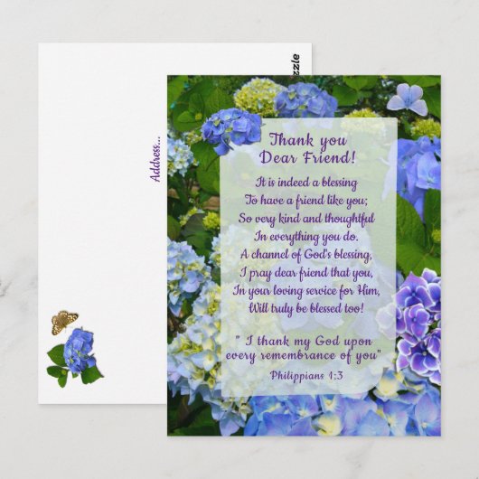 Blue Hydrangea Christlich Danke Postcard Postkarte (Vorne/Hinten)