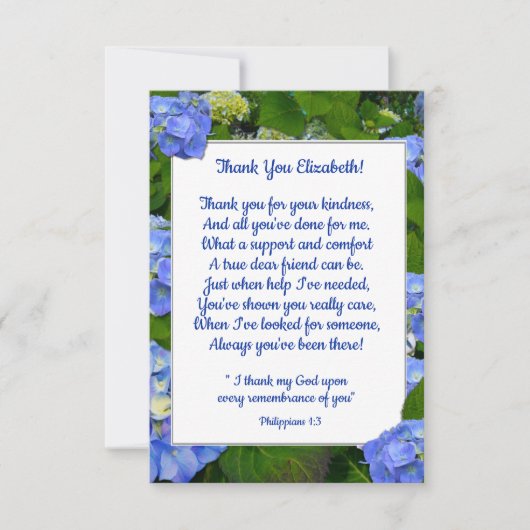 Blue Hydrangea Christlich Friend Custom Text Dankeskarte (Vorderseite)