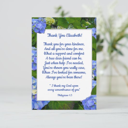 Blue Hydrangea Christlich Friend Custom Text Dankeskarte (Stehend Vorderseite)