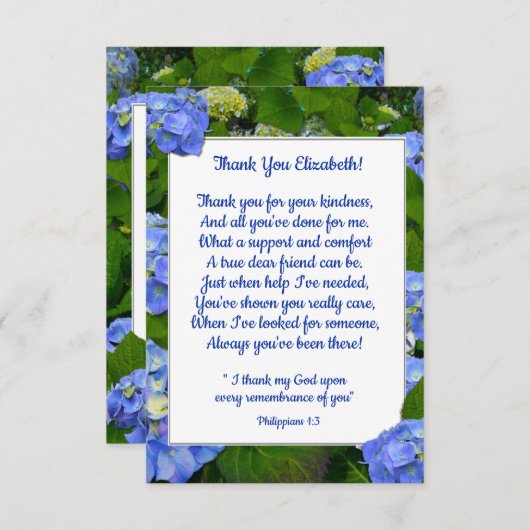 Blue Hydrangea Christlich Friend Custom Text Dankeskarte (Vorne/Hinten)