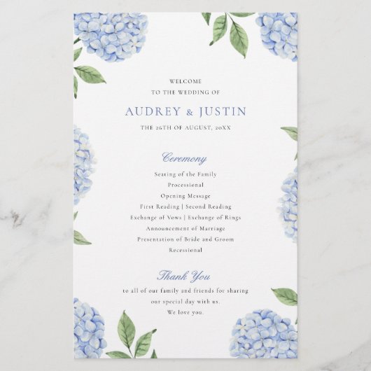 Blue Hydrangea Classic Wedding Paper Program Flyer (Vorne)