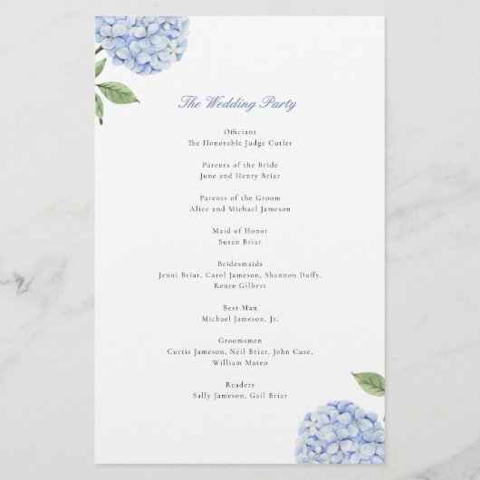 Blue Hydrangea Classic Wedding Paper Program Flyer (Hinten)