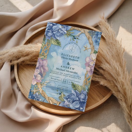 Blue Hydrangea Coastal Rope Wedding Einladung