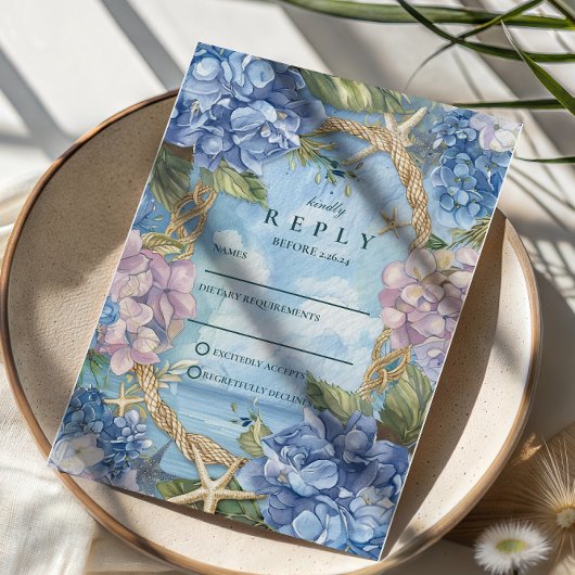 Blue Hydrangea Coastal Rope Wedding RSVP Karte