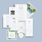 Blue Hydrangea Crest Monogram Details RSVP Karte