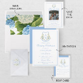 Blue Hydrangea Crest Monogram Details RSVP Karte