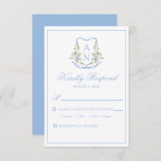 Blue Hydrangea Crest Monogram RSVP Cards (Vorne/Hinten)
