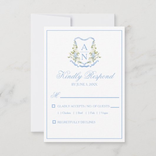 Blue Hydrangea Crest Monogram RSVP Cards Karte (Vorderseite)