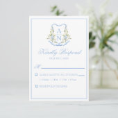 Blue Hydrangea Crest Monogram RSVP Cards Karte (Stehend Vorderseite)