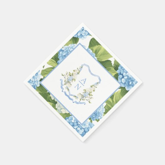Blue Hydrangea Crest Monogram Serviette (Ecke)