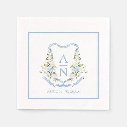 Blue Hydrangea Crest Monogram Simple Serviette (Vorderseite)
