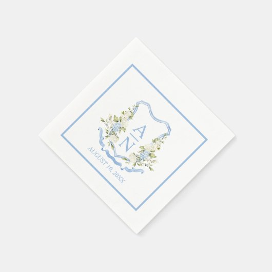 Blue Hydrangea Crest Monogram Simple Serviette (Ecke)