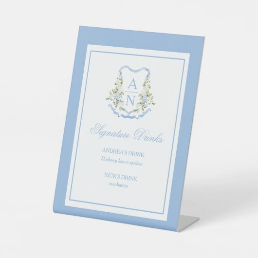 Blue Hydrangea Crest Monogram Tabletop Bar Sign Sockelschild (Vorderseite)
