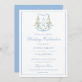 Blue Hydrangea Crest Monogram Wedding Invitation Einladung (Vorne/Hinten)