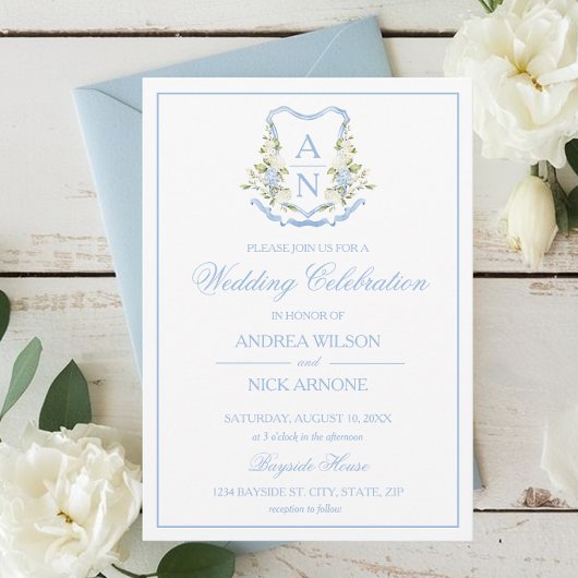 Blue Hydrangea Crest Monogram Wedding Invitation Einladung