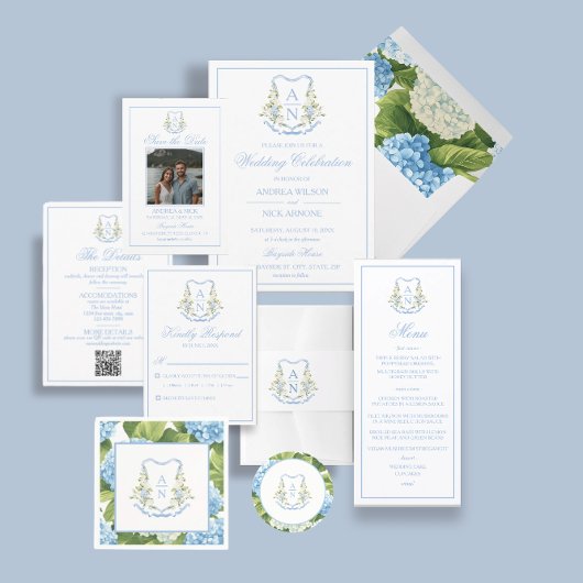 Blue Hydrangea Crest Monogram Wedding Invitation Einladung