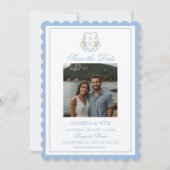 Blue Hydrangea Crest Monogram Wedding Invitation Save The Date (Vorderseite)