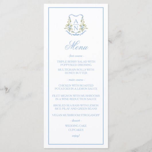 Blue Hydrangea Crest Monogram Wedding Menu Menükarte (Vorderseite)