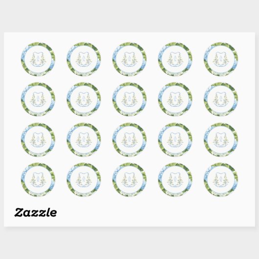 Blue Hydrangea Crest Monogram Wedding Stickers (Blatt)