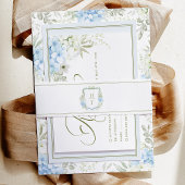 Blue Hydrangea Crest Wedding Monogram Einladungsbanderole