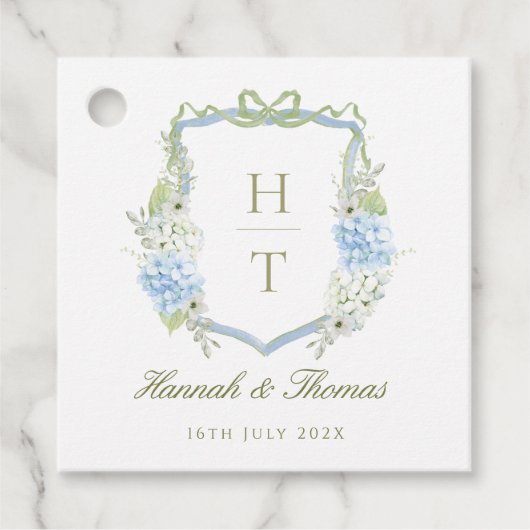Blue Hydrangea Crest Wedding Monogram Geschenkanhänger (Vorderseite)