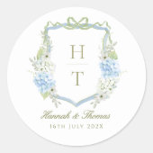 Blue Hydrangea Crest Wedding Monogram Runder Aufkleber (Vorderseite)