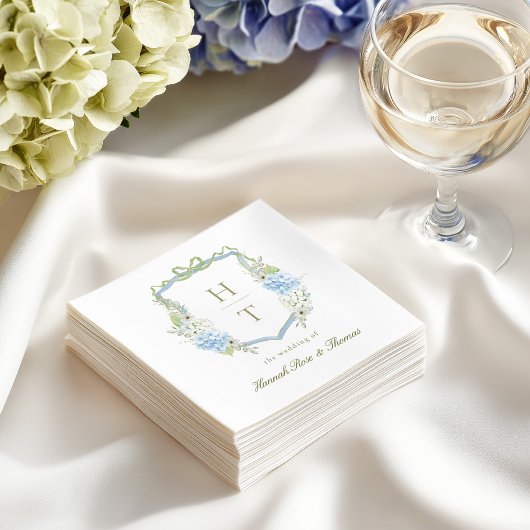 Blue Hydrangea Crest Wedding Monogram Serviette