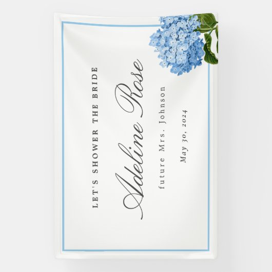 Blue Hydrangea Dusche Name und Datum der Braut Banner (Vertikal)