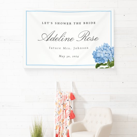 Blue Hydrangea Dusche Name und Datum der Braut Banner (InSitu)