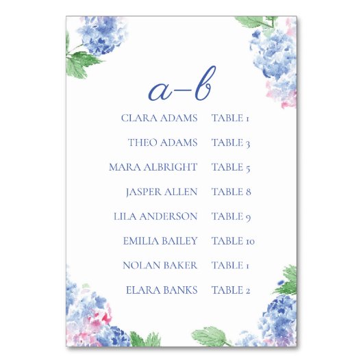 Blue Hydrangea Elegant Alphabetic Seating Charts Tischnummer (Vorderseite)