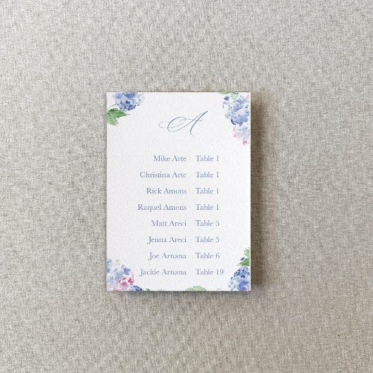 Blue Hydrangea Elegant Alphabetic Seating Charts Tischnummer