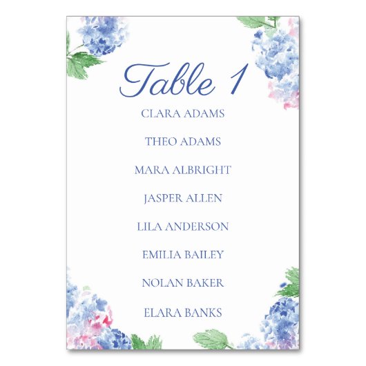 Blue Hydrangea Elegant Numeric Seating Chart Card Tischnummer (Vorderseite)