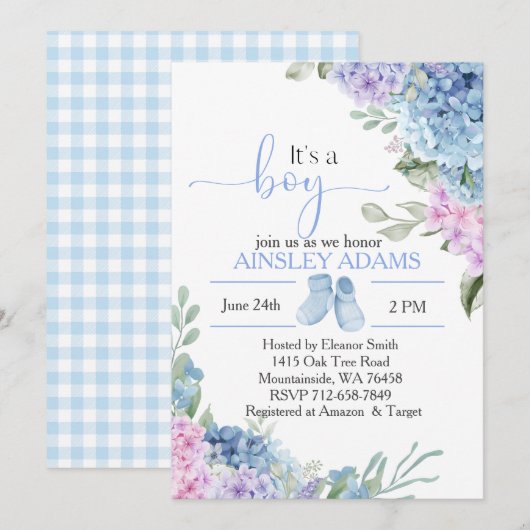 Blue Hydrangea elegante Babydusche Einladung (Vorne/Hinten)