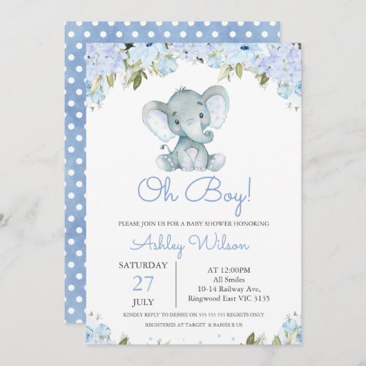 Blue Hydrangea Elephant Baby Dusche Einladung (Vorne/Hinten)