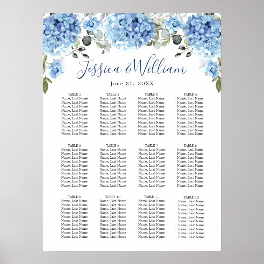 Blue Hydrangea Eucalyptus 12 Tables SITZENDE CHART Poster (Vorne)