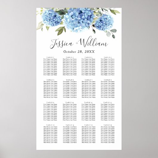 Blue Hydrangea Eucalyptus 16 Tables SITZENDE CHART Poster (Vorne)