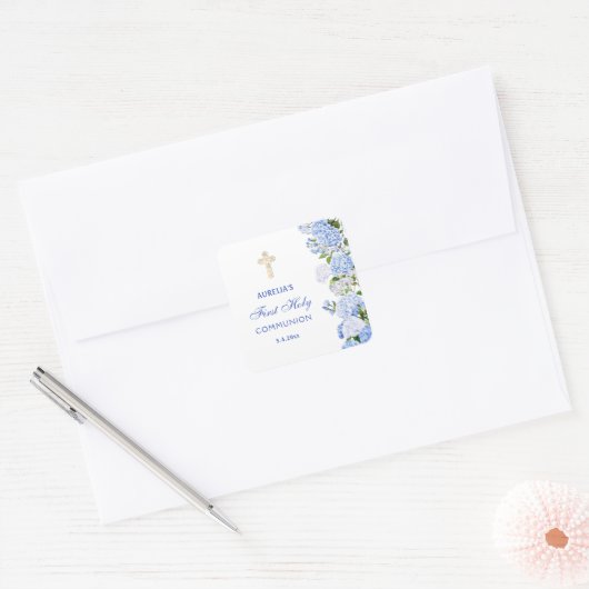 Blue Hydrangea First Communion Quadratischer Aufkleber (Umschlag)