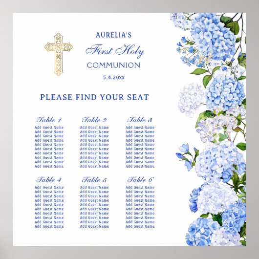 Blue Hydrangea First Communion Seating Chart Poster (Vorne)