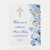 Blue Hydrangea First Communion Welcome Acrylschild (Vorderseite)