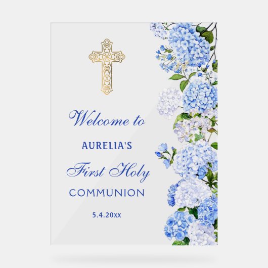 Blue Hydrangea First Communion Welcome Acrylschild (Vorderseite)