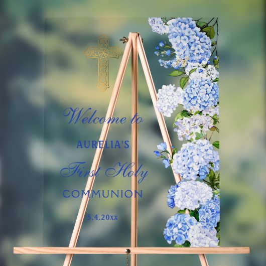 Blue Hydrangea First Communion Welcome Acrylschild (Neutral)