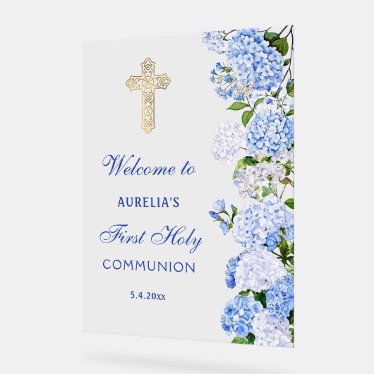 Blue Hydrangea First Communion Welcome Acrylschild (Winkel)