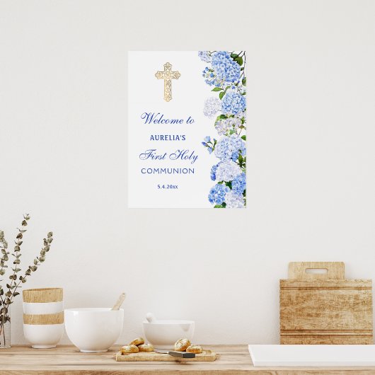 Blue Hydrangea First Communion Welcome Poster (Küche)