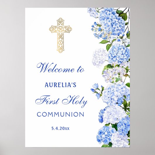Blue Hydrangea First Communion Welcome Poster (Vorne)
