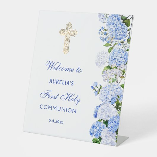 Blue Hydrangea First Communion Welcome Sockelschild (Vorderseite)