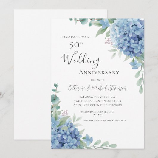 Blue Hydrangea Floral 50th Wedding Anniversary Einladung (Vorne/Hinten)