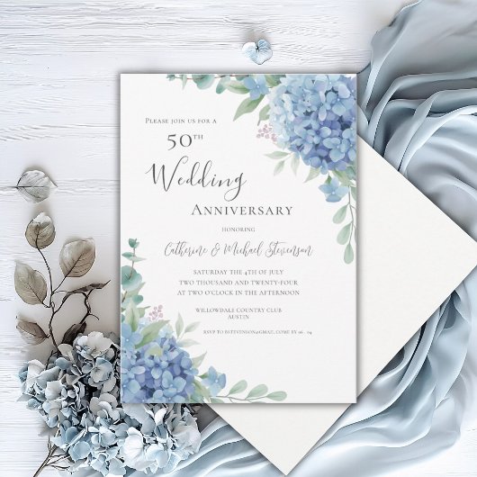 Blue Hydrangea Floral 50th Wedding Anniversary Einladung